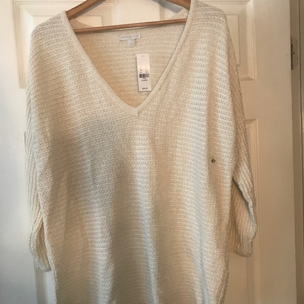 Cream V-Neck Sweater with Gold ✨Sparkly Thread